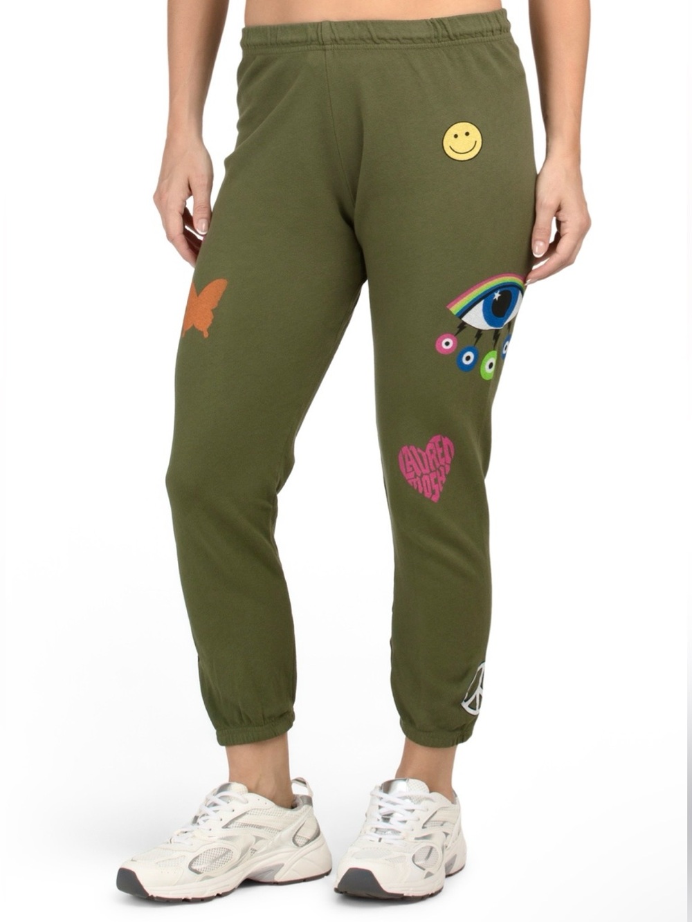 Lauren Moshi Rainbow Evil Eye Alana Sweatpants Military Green NEW